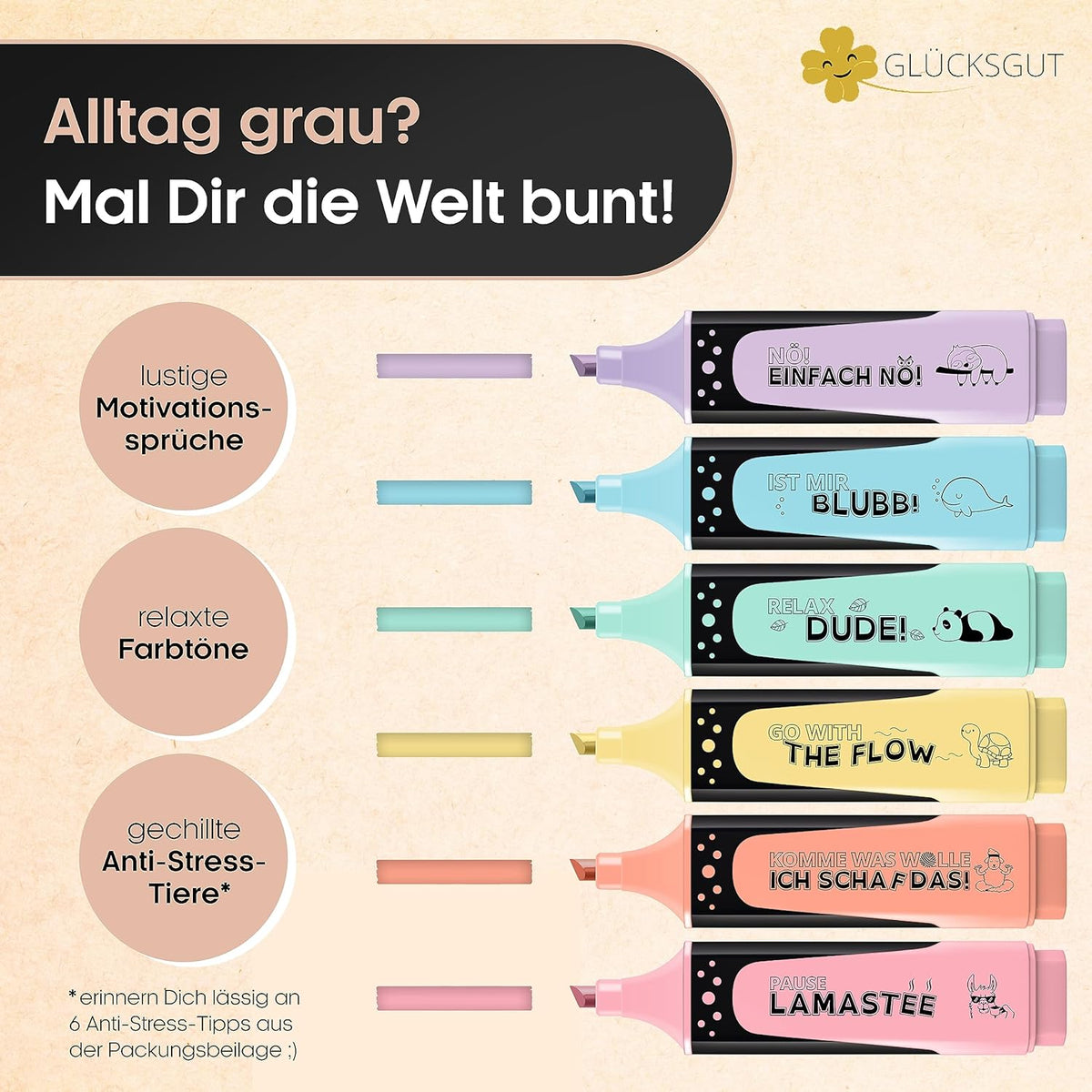 6x Lustige Textmarker Pastell