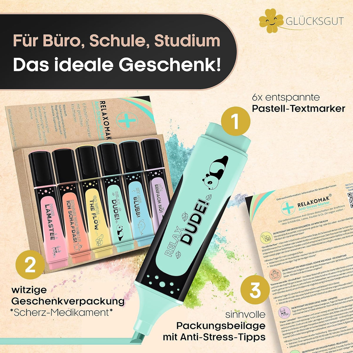 6x Lustige Textmarker Pastell